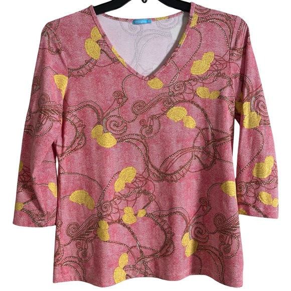 J. McLaughlin Tops - J McLaughlin Avalon 3/4 Sleeve V Neck Top Red Yellow Gray Rope Shell Print Large